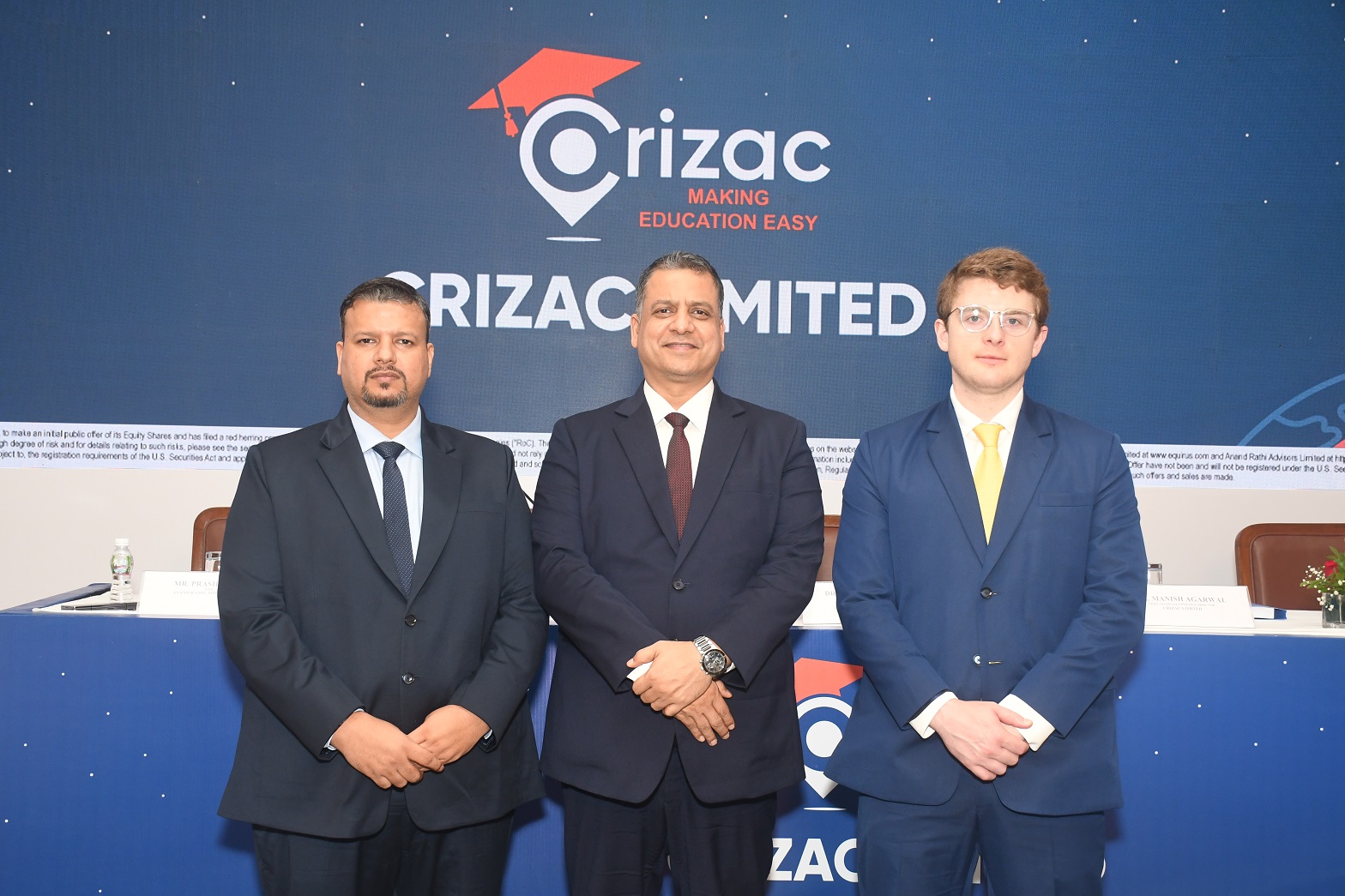(L-R) Mr. Manish Agarwal, CFO & Director, Dr. Vikash Agarwal, CMD of Crizac Limited and Mr. Christopher Flood Nagle, CEO, Crizac UK at their IPO announcement in Mumbai